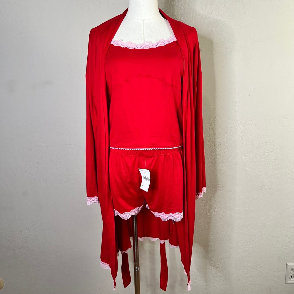 Rampage 3pc Pajama Set Robe Cami Shorts Size XL Racing Red Pink Lace NEW